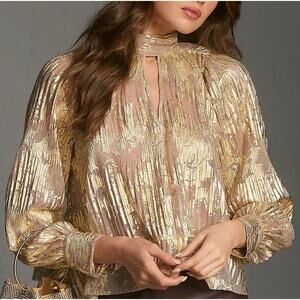 Maeve Anthropologie Gold Foil Luxury Blouse Top Key Hole Top Size Medium